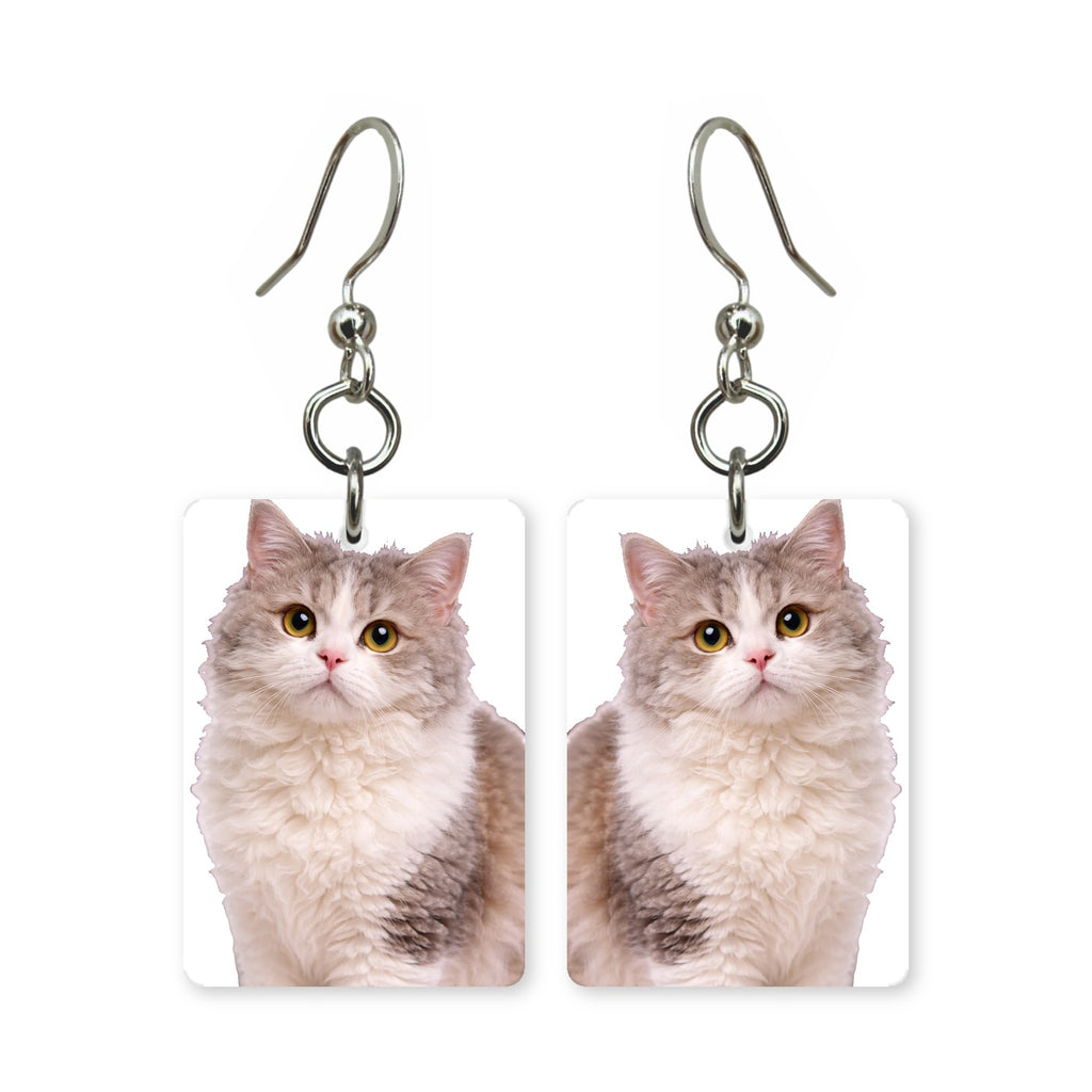 Highland Fold cat earrings — folded-ear long-haired cat portrait in cut paper, made in USA