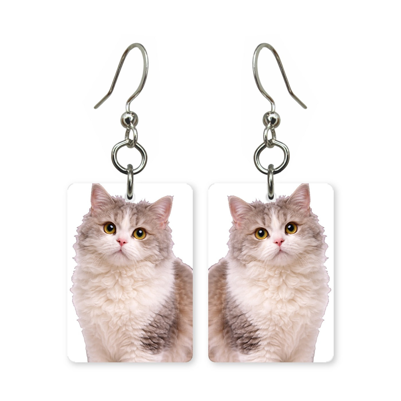 Highland Fold cat earrings — folded-ear long-haired cat portrait in cut paper, made in USA