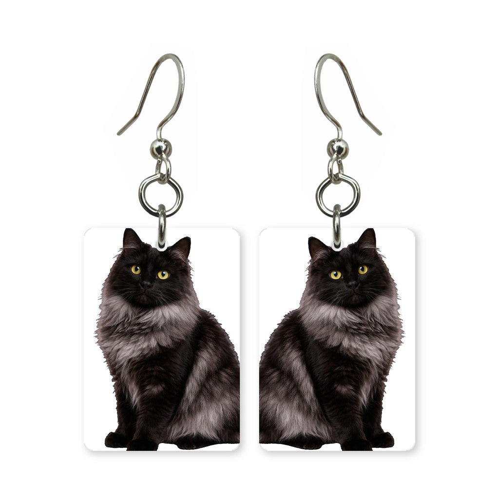 Black Maine Coon earrings — long-haired black cat with ear tufts, cut-paper portrait