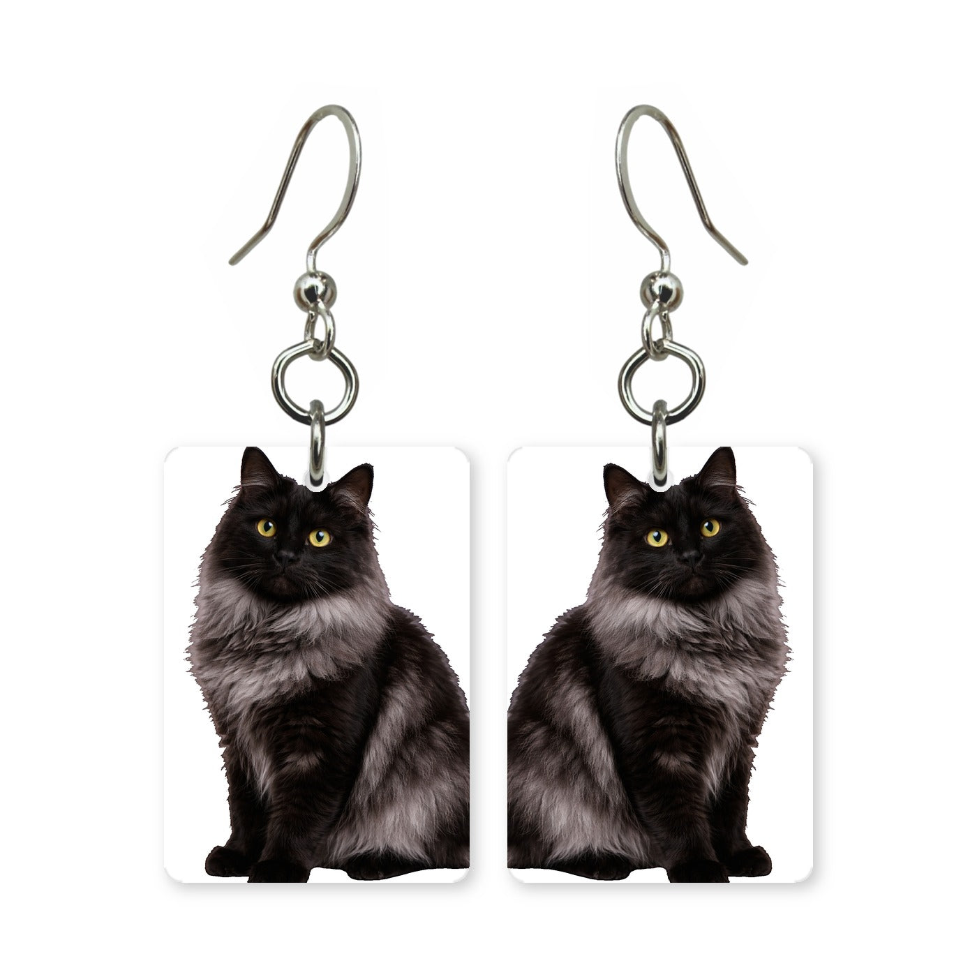 Black Maine Coon earrings — long-haired black cat with ear tufts, cut-paper portrait