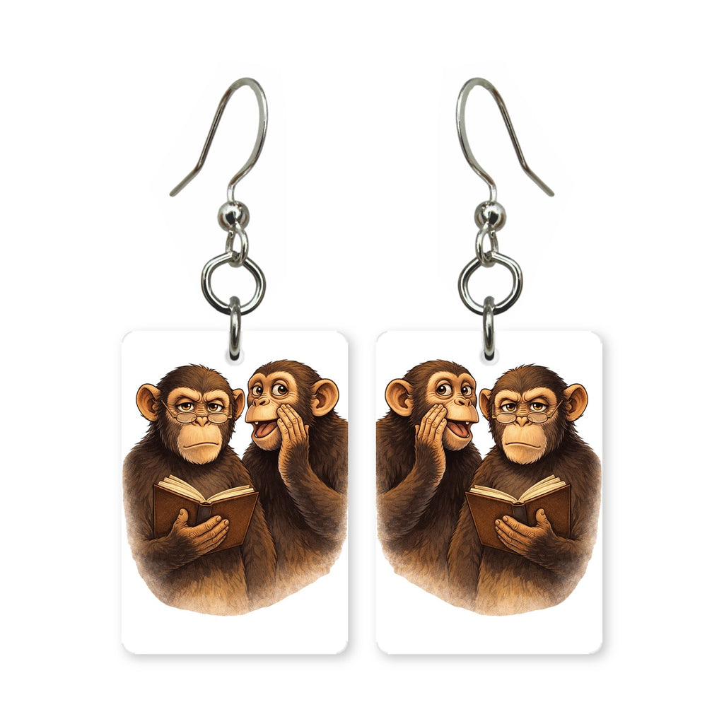 Chatty chimps earrings — two chimpanzees mid-conversation, cut-paper art, made in USA