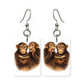 Chatty chimps earrings — two chimpanzees mid-conversation, cut-paper art, made in USA