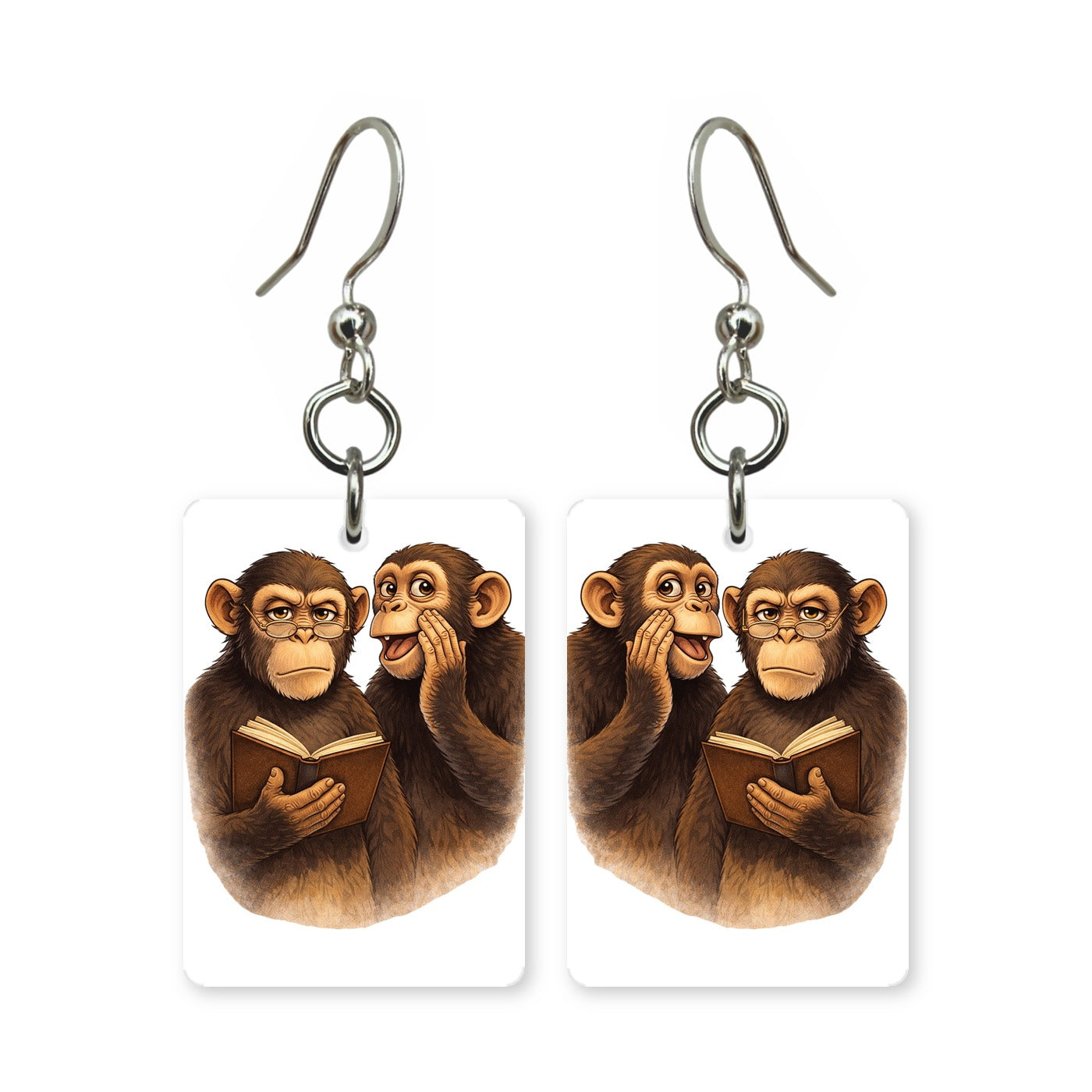 Chatty chimps earrings — two chimpanzees mid-conversation, cut-paper art, made in USA