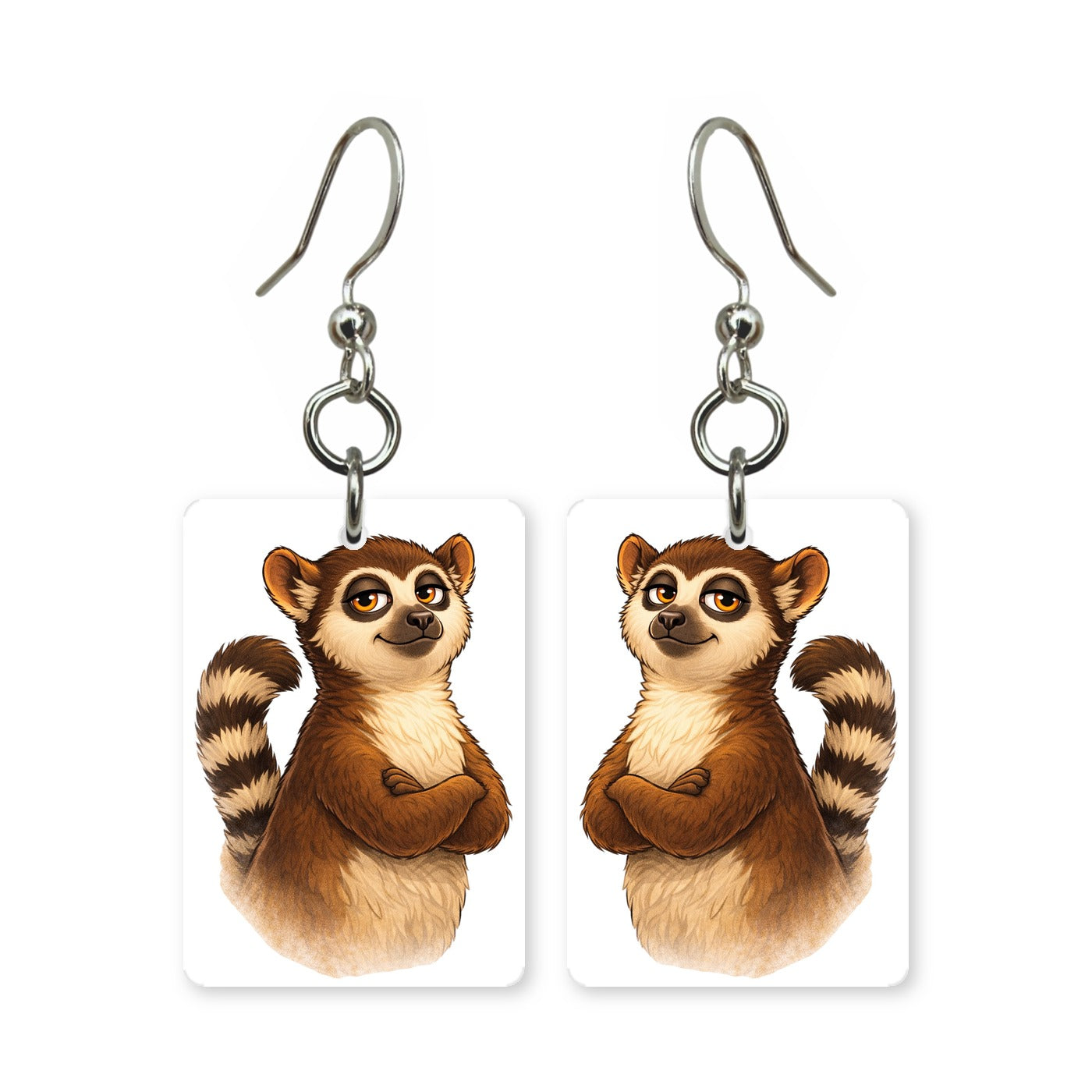 Cool lemur earrings — wide-eyed lemur portrait in cut paper, made in USA