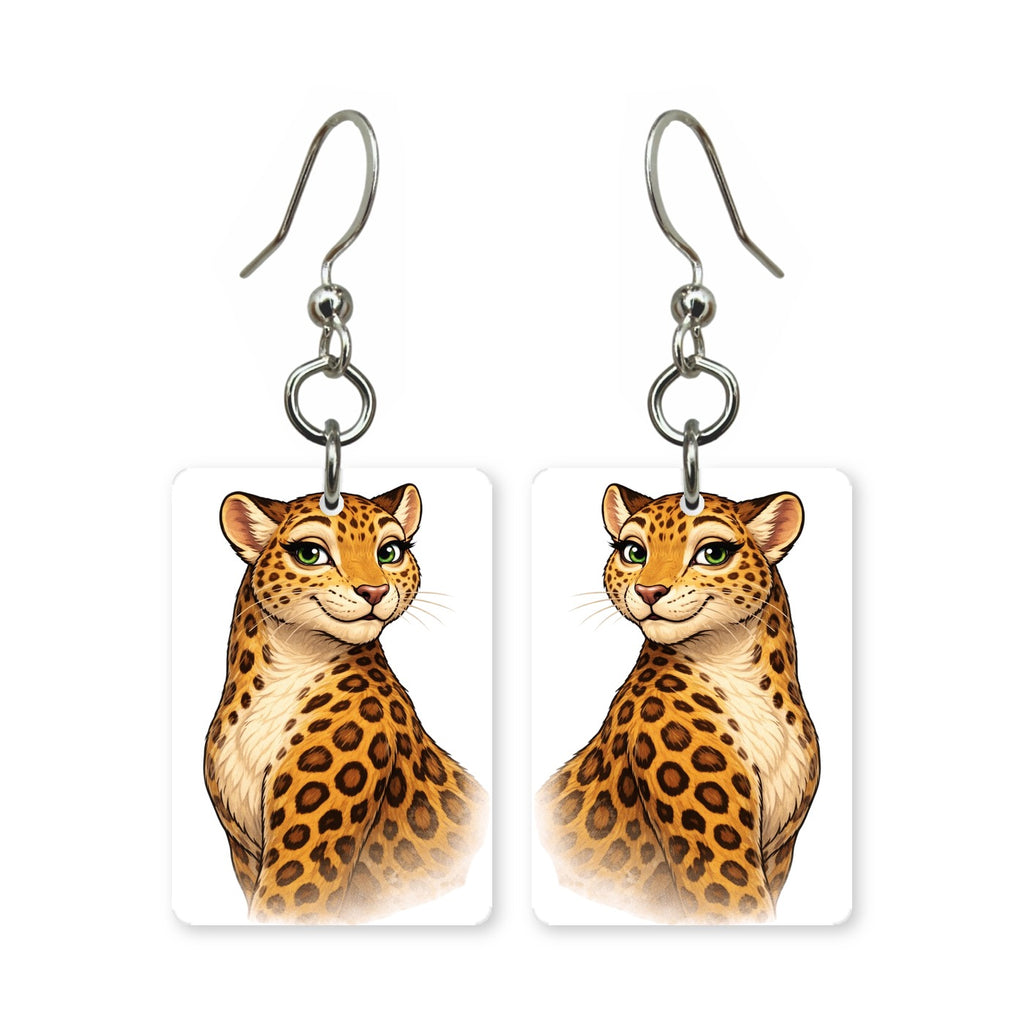 Spotted leopard earrings — leopard with rosette spots, cut-paper portrait, made in USA