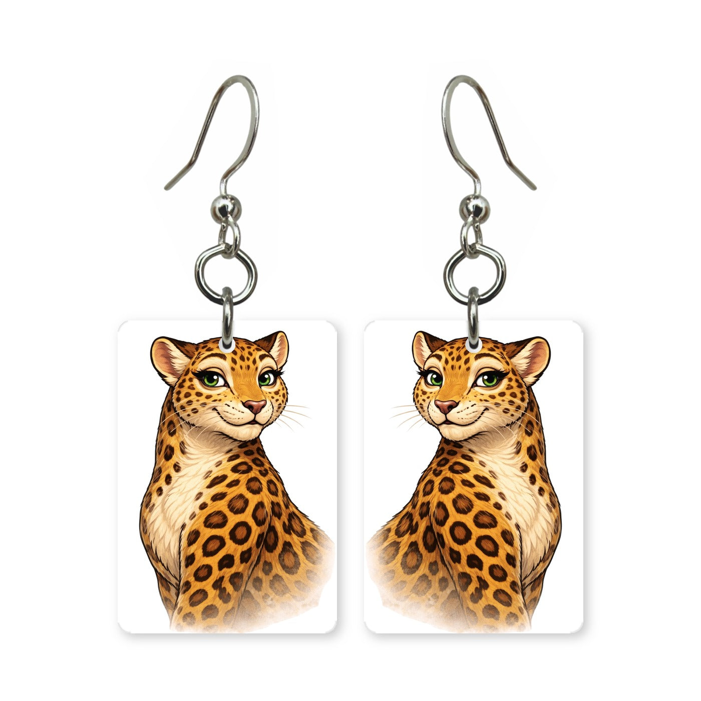 Spotted leopard earrings — leopard with rosette spots, cut-paper portrait, made in USA