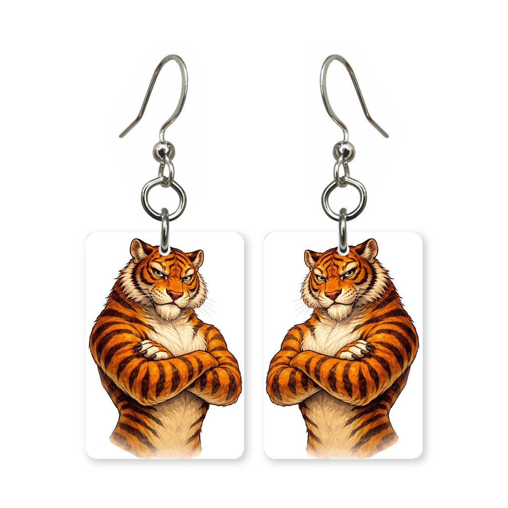 Tough tiger earrings — bold cartoon tiger in cut paper, made in USA