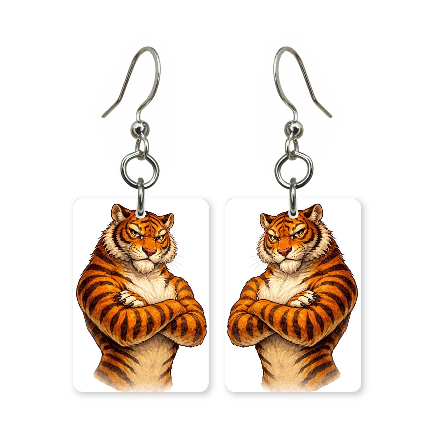 Tough tiger earrings — bold cartoon tiger in cut paper, made in USA