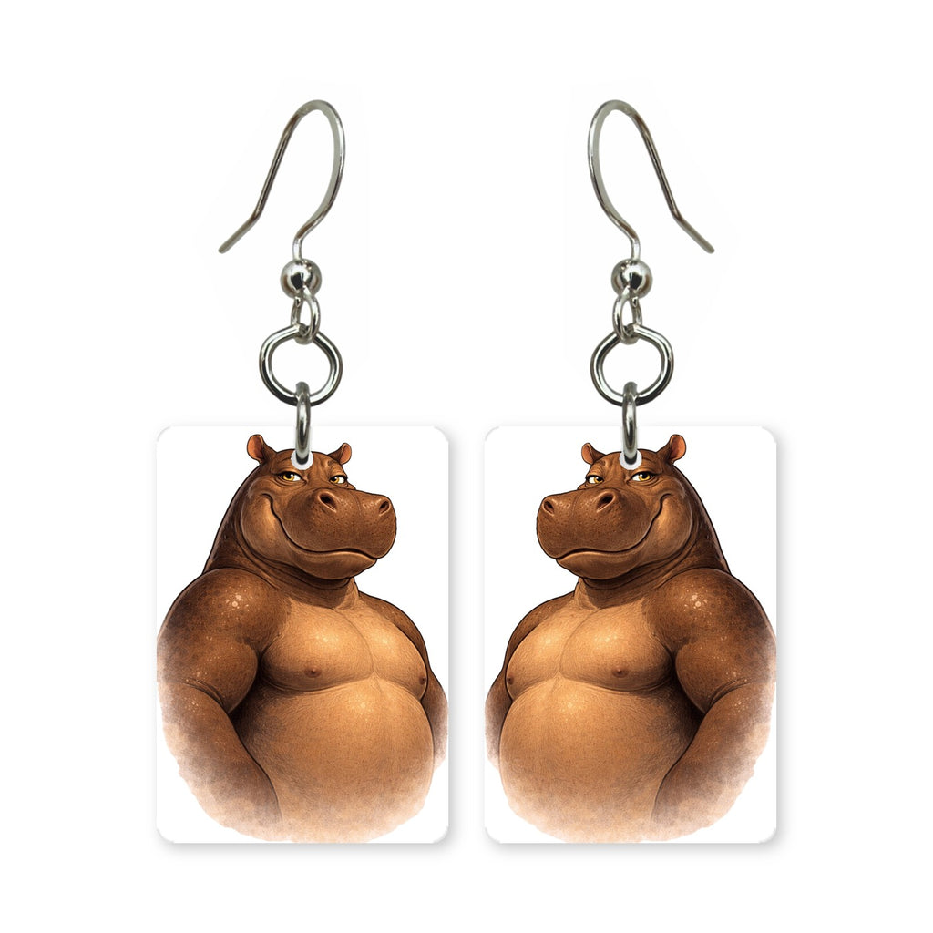 Buff hippo earrings — muscular cartoon hippo in cut paper, made in USA