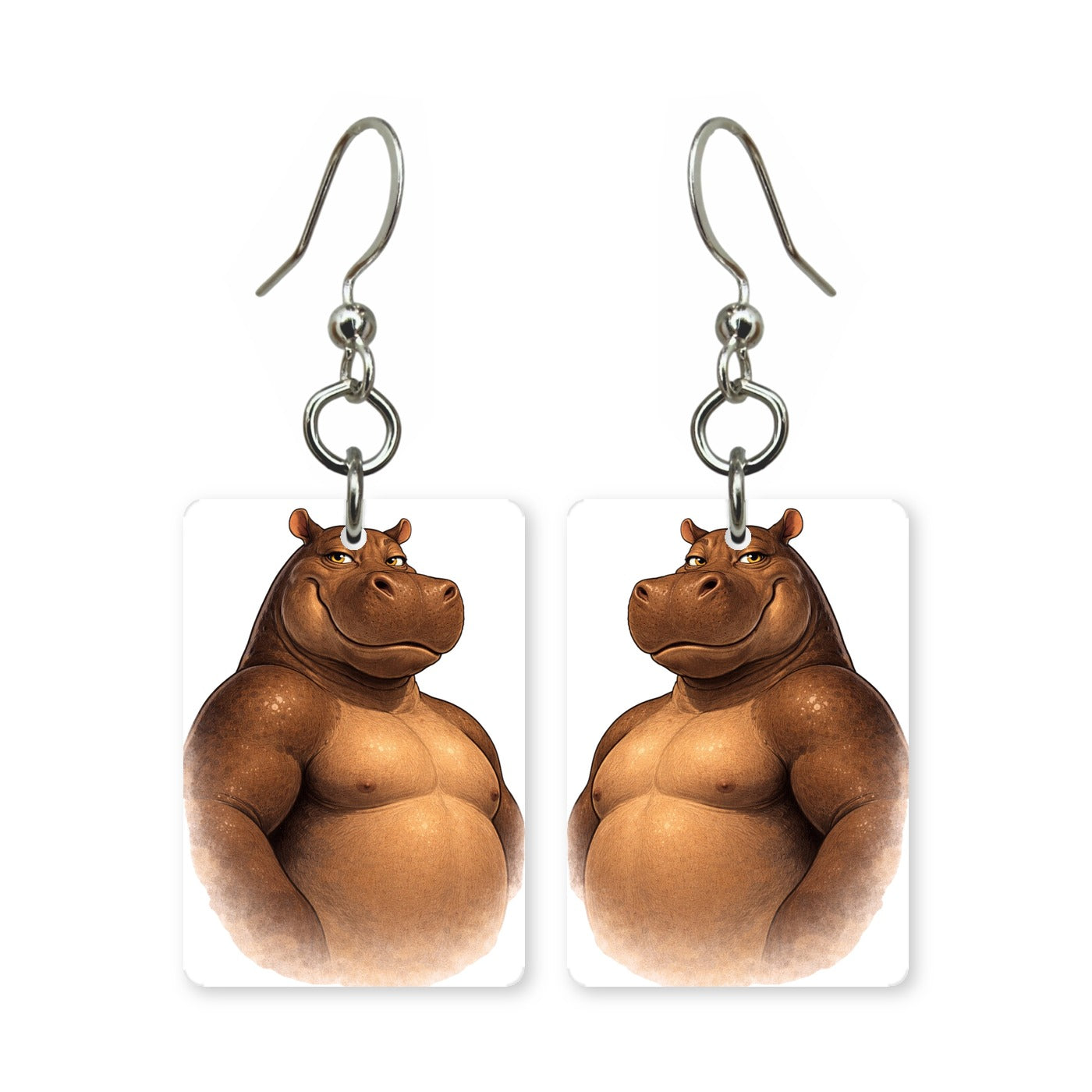 Buff hippo earrings — muscular cartoon hippo in cut paper, made in USA