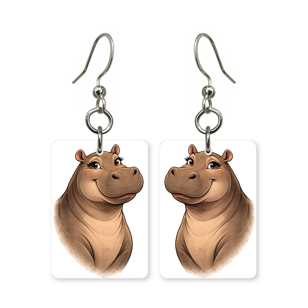 Sweet hippo earrings — round friendly hippo in cut-paper cartoon style, made in USA
