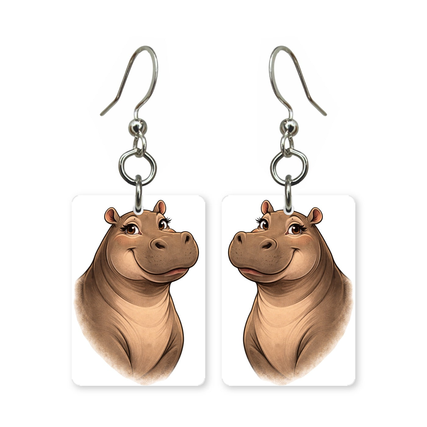 Sweet hippo earrings — round friendly hippo in cut-paper cartoon style, made in USA