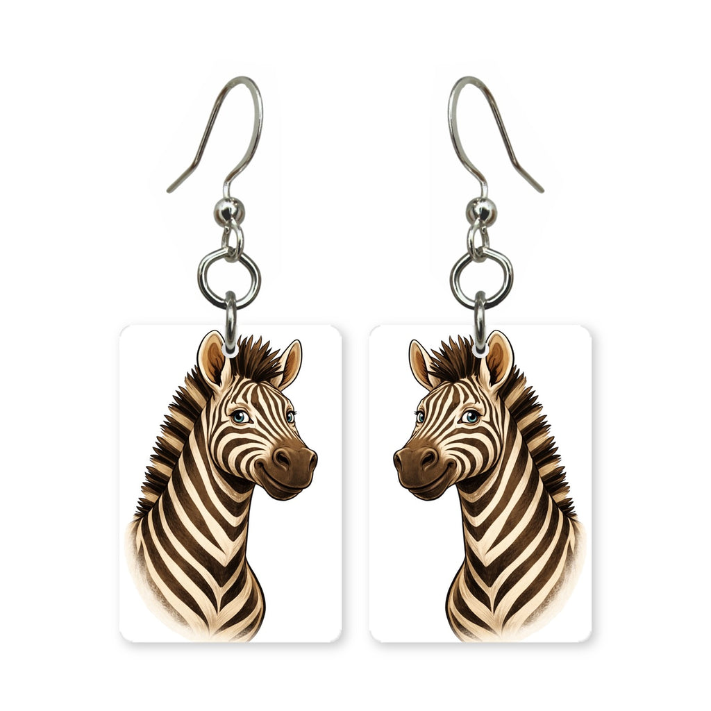 Cartoon zebra earrings — playful striped zebra in cut-paper cartoon style, made in USA