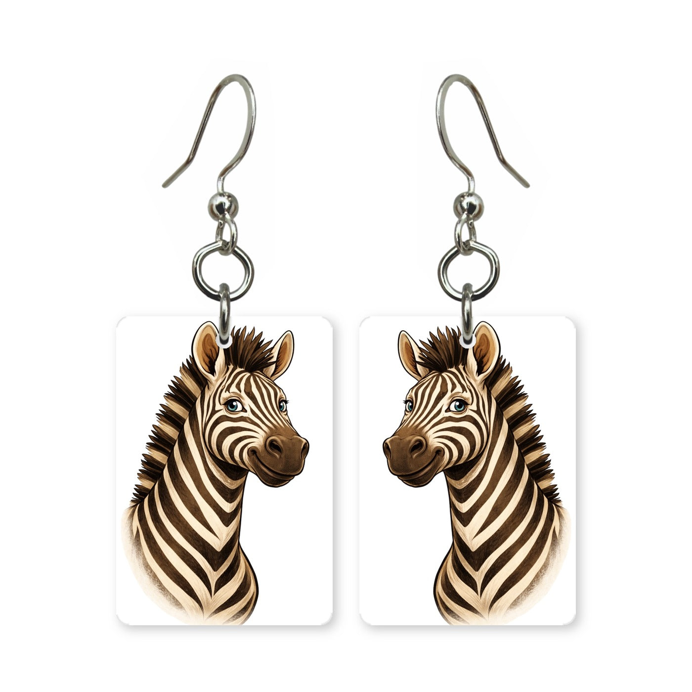 Cartoon zebra earrings — playful striped zebra in cut-paper cartoon style, made in USA