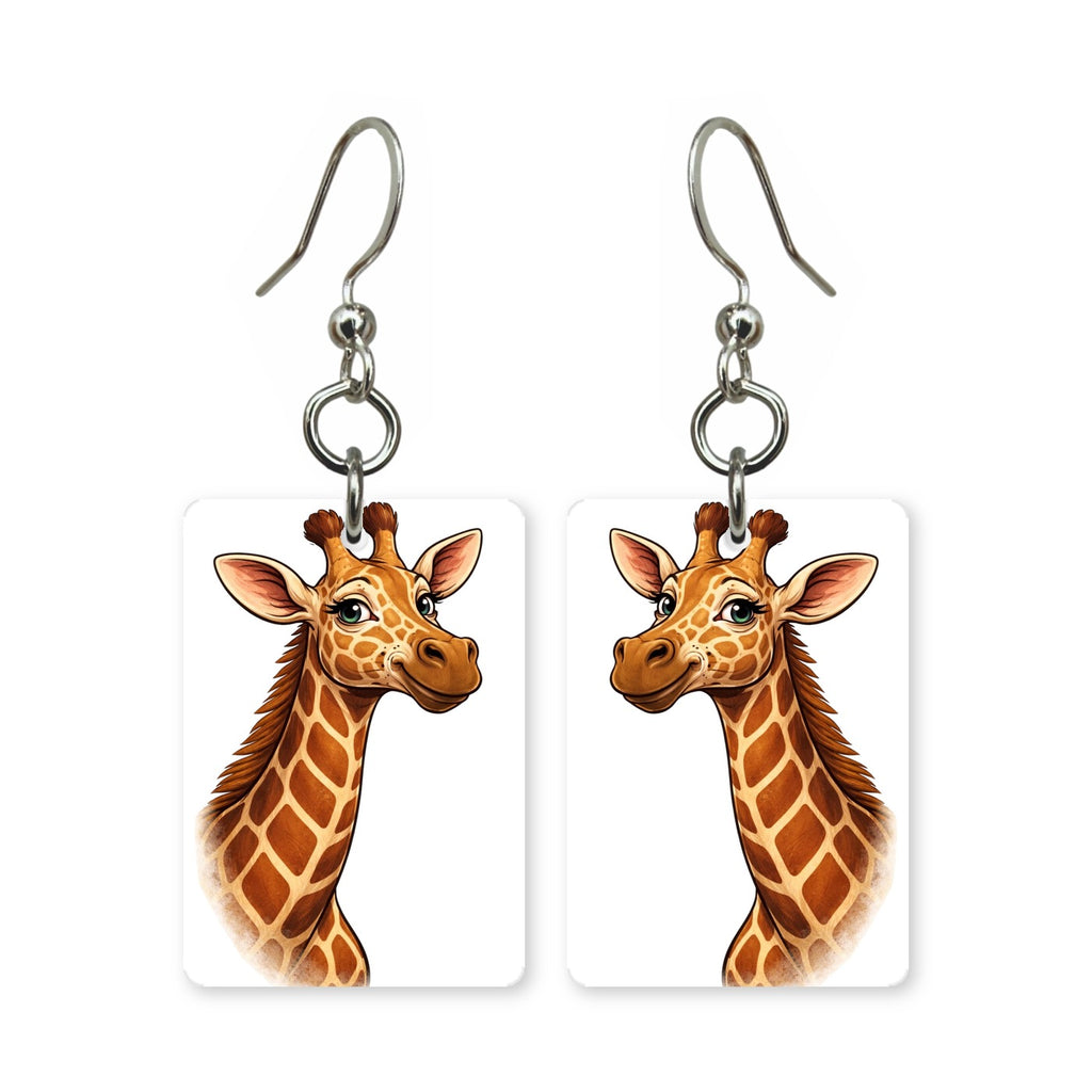 Cheerful giraffe earrings — smiling giraffe in cut-paper cartoon style, made in USA