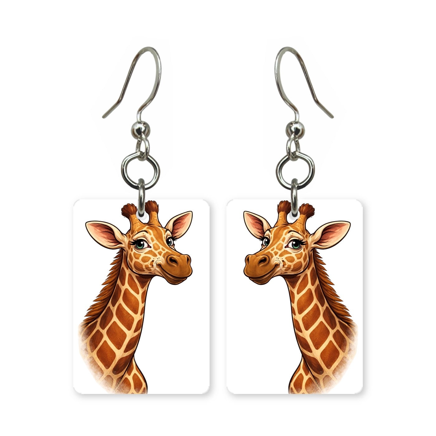 Cheerful giraffe earrings — smiling giraffe in cut-paper cartoon style, made in USA