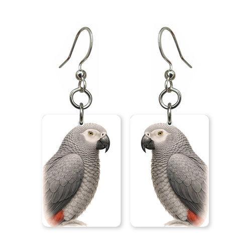 African grey parrot earrings — grey parrot portrait in cut paper, made in USA
