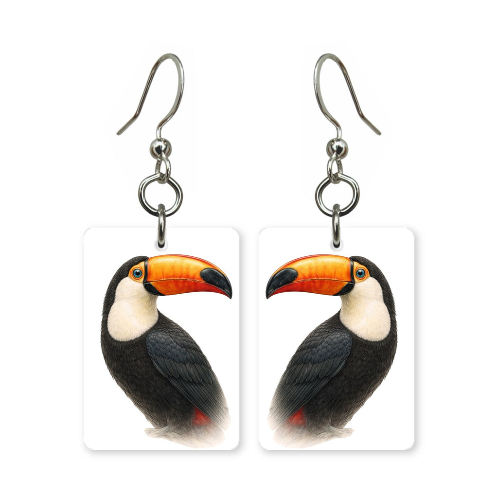 Toco toucan earrings — toucan with large orange bill, cut-paper portrait, made in USA