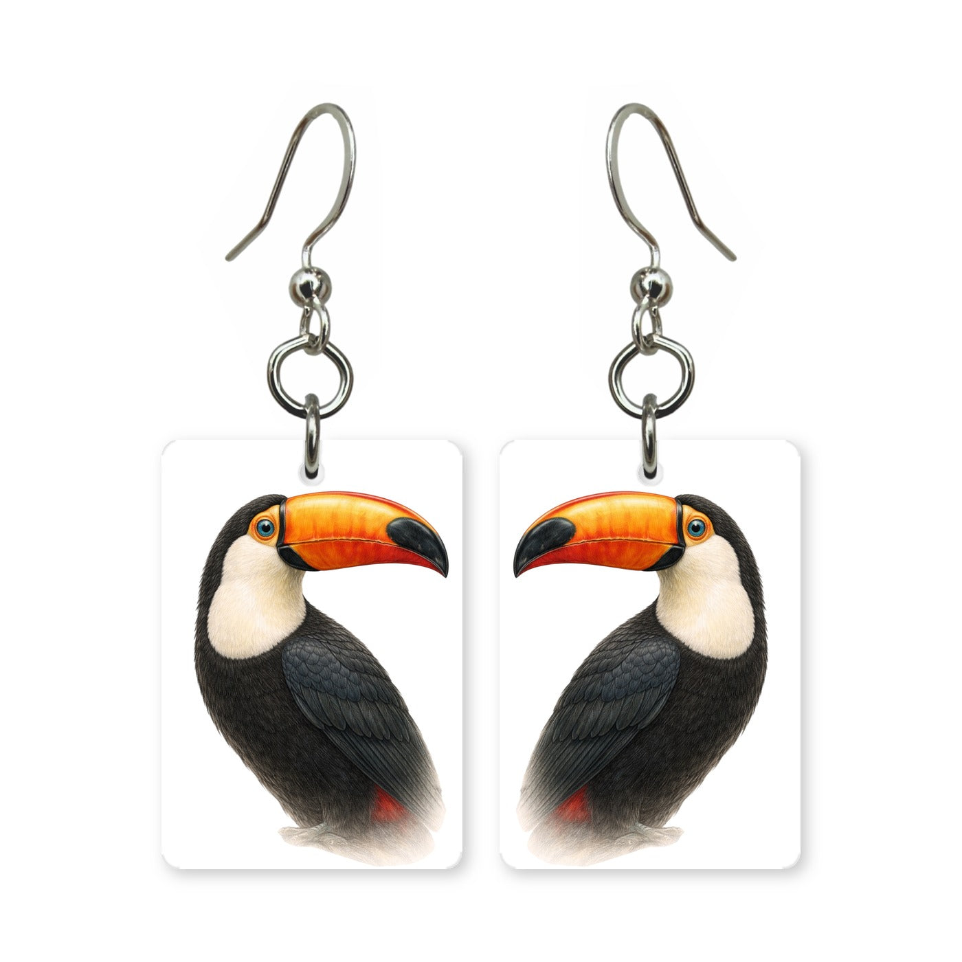 Toco toucan earrings — toucan with large orange bill, cut-paper portrait, made in USA