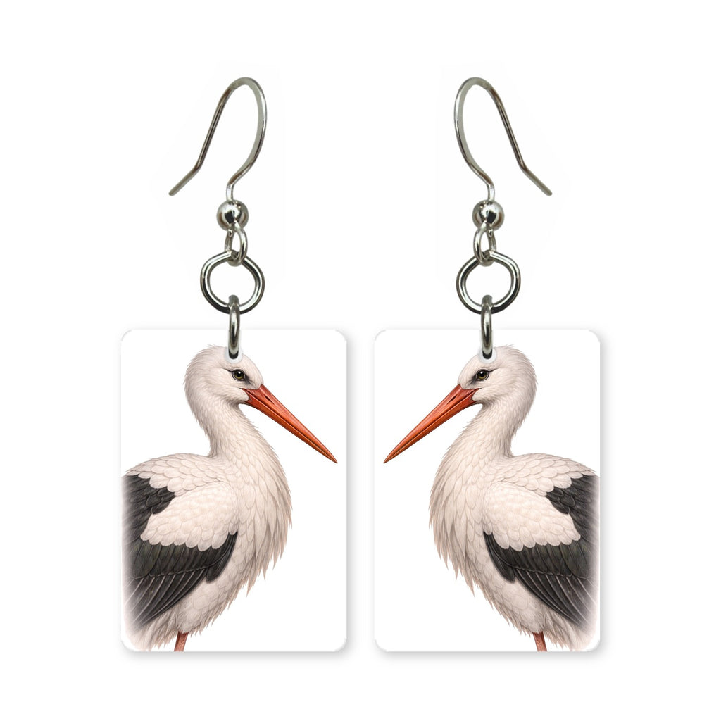 White stork earrings — white stork on long red legs, cut-paper portrait, made in USA