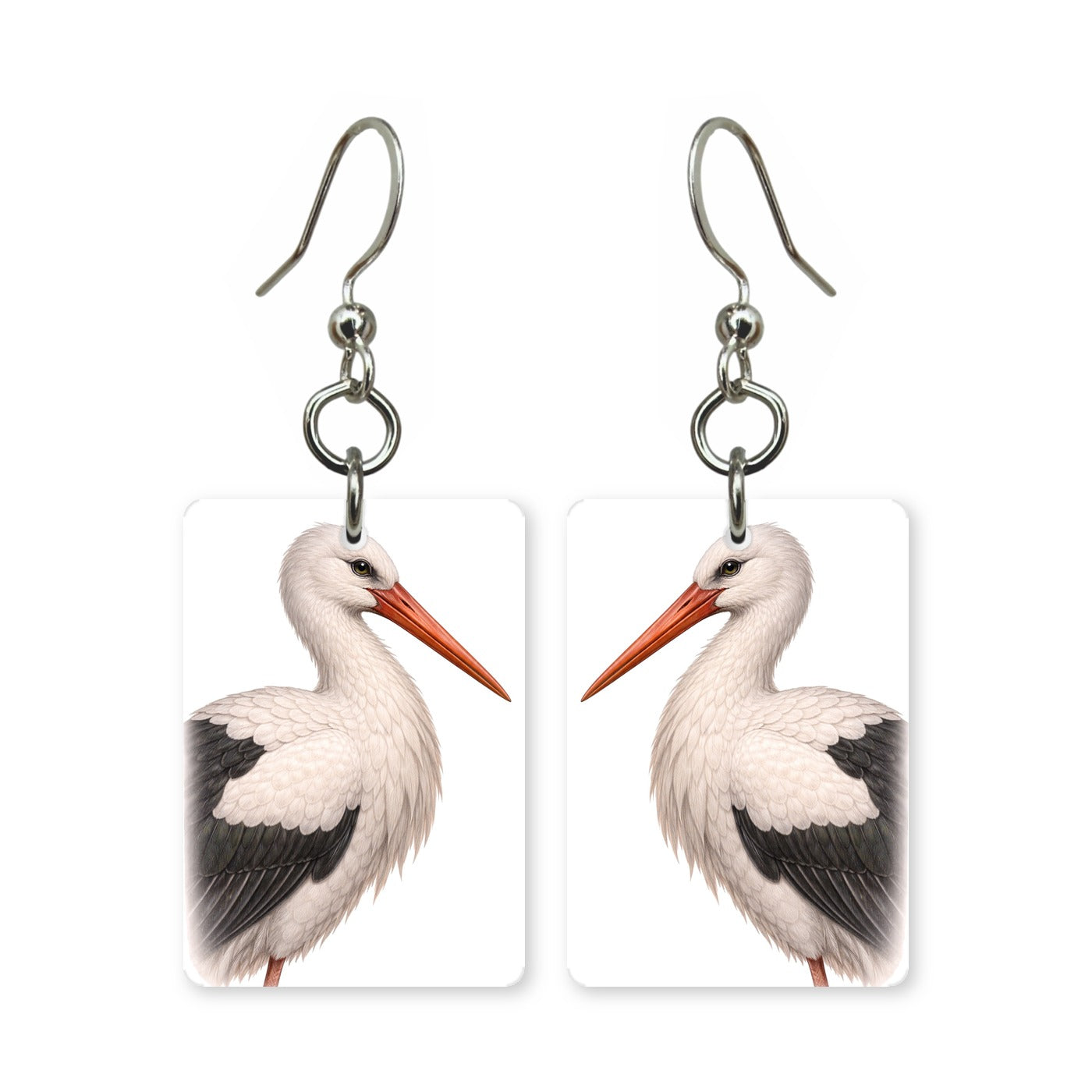 White stork earrings — white stork on long red legs, cut-paper portrait, made in USA