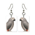 Silver parrot earrings — parrot in cool silver tones, cut-paper portrait, made in USA