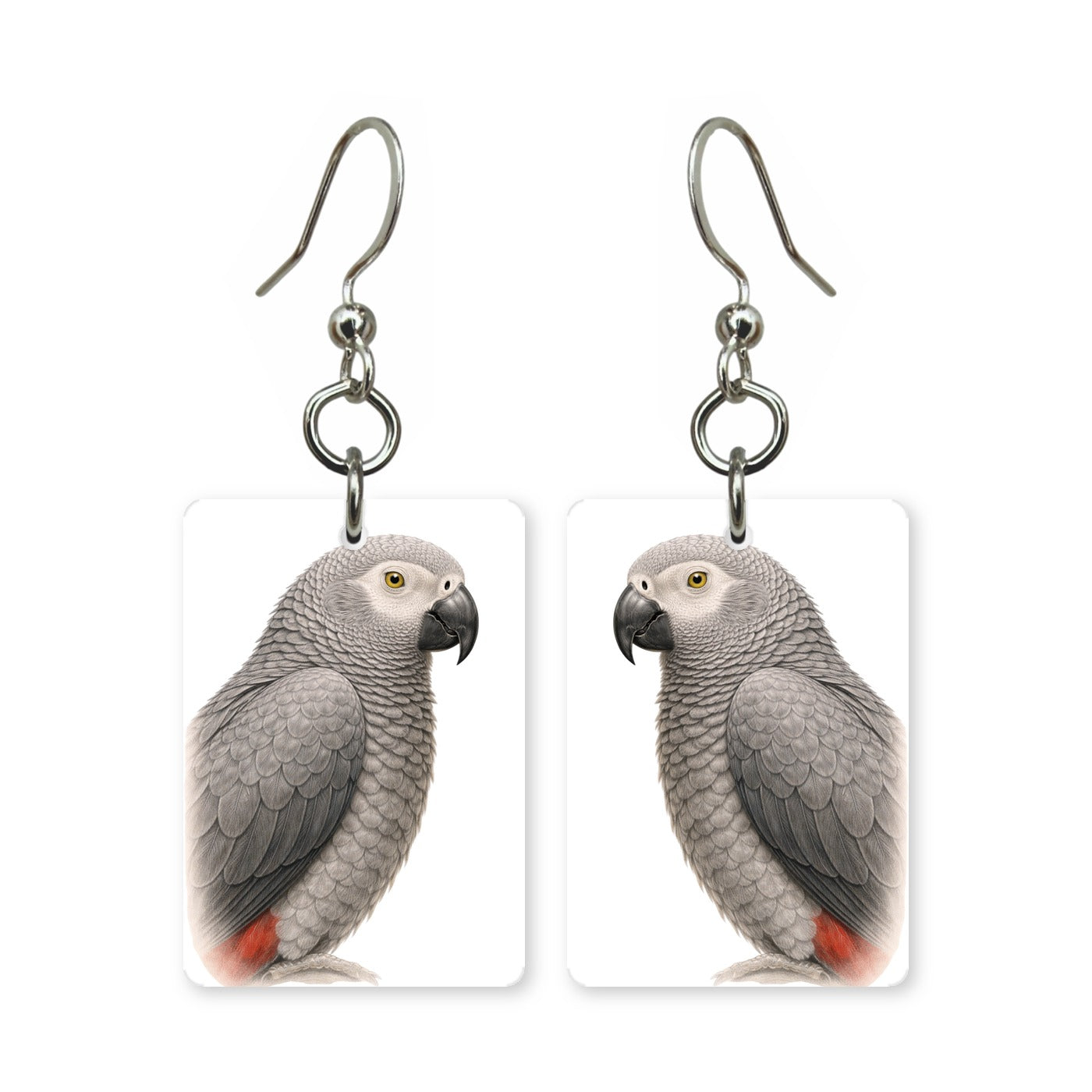 Silver parrot earrings — parrot in cool silver tones, cut-paper portrait, made in USA