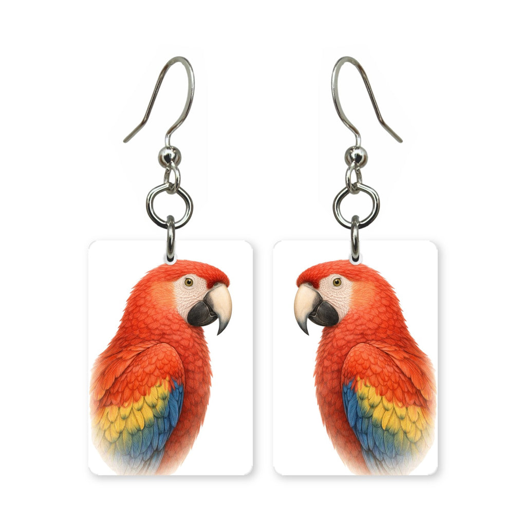 Scarlet macaw earrings — red, blue and gold macaw portrait in cut paper, made in USA