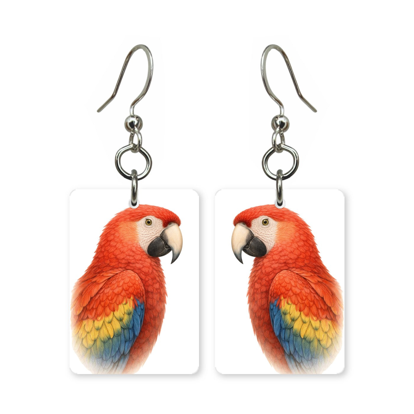 Scarlet macaw earrings — red, blue and gold macaw portrait in cut paper, made in USA