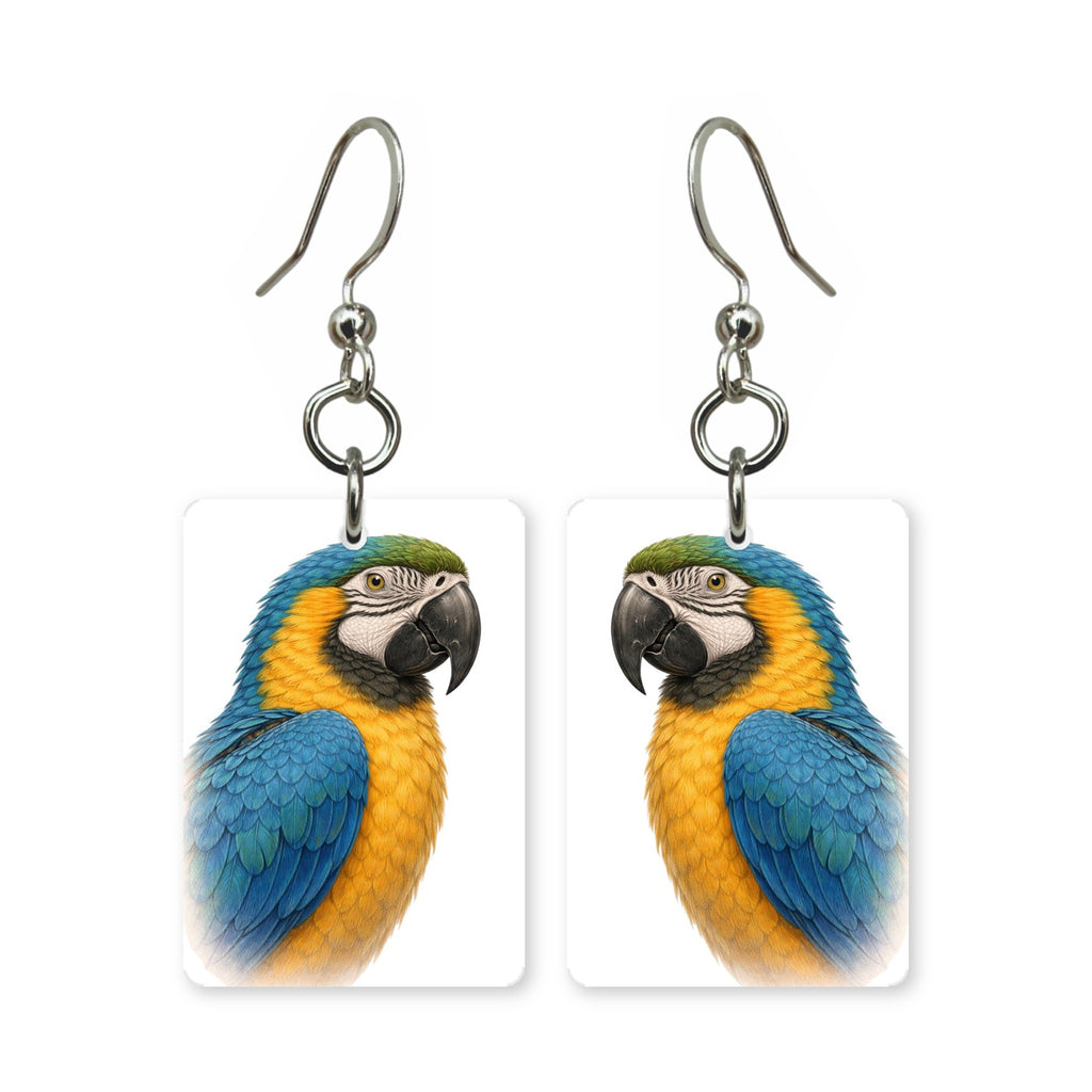 Blue and gold macaw earrings — blue and yellow macaw portrait in cut paper, made in USA