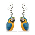 Blue and gold macaw earrings — blue and yellow macaw portrait in cut paper, made in USA