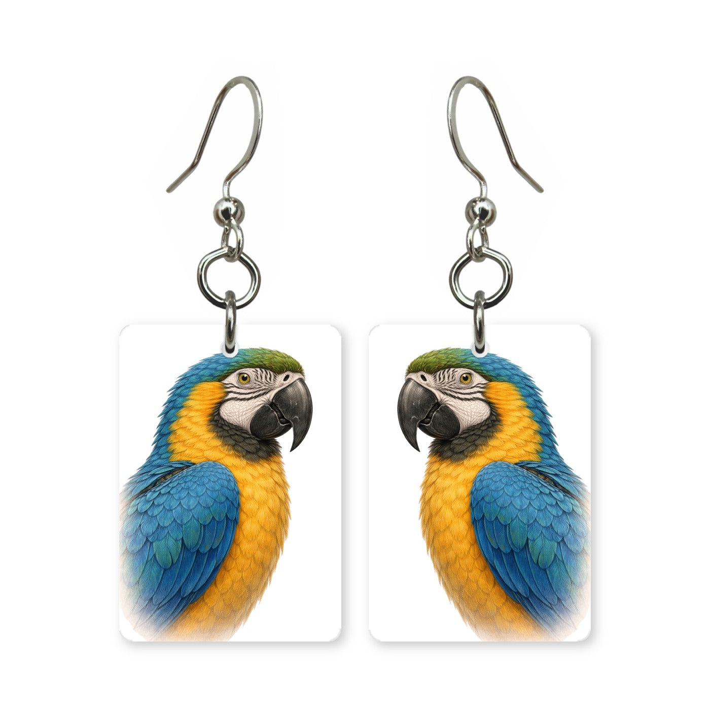 Blue and gold macaw earrings — blue and yellow macaw portrait in cut paper, made in USA