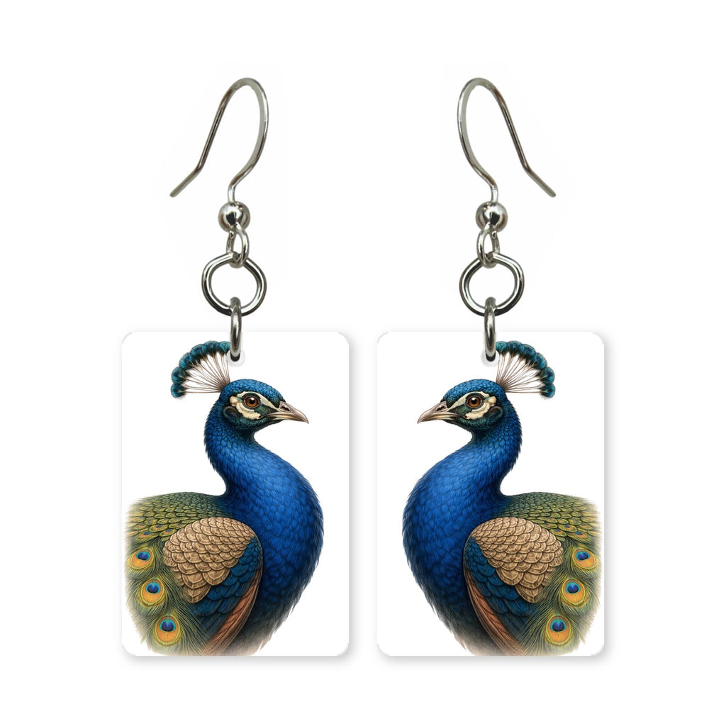 Royal peacock earrings — peacock with tail train fully raised, cut-paper art, made in USA