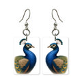 Royal peacock earrings — peacock with tail train fully raised, cut-paper art, made in USA