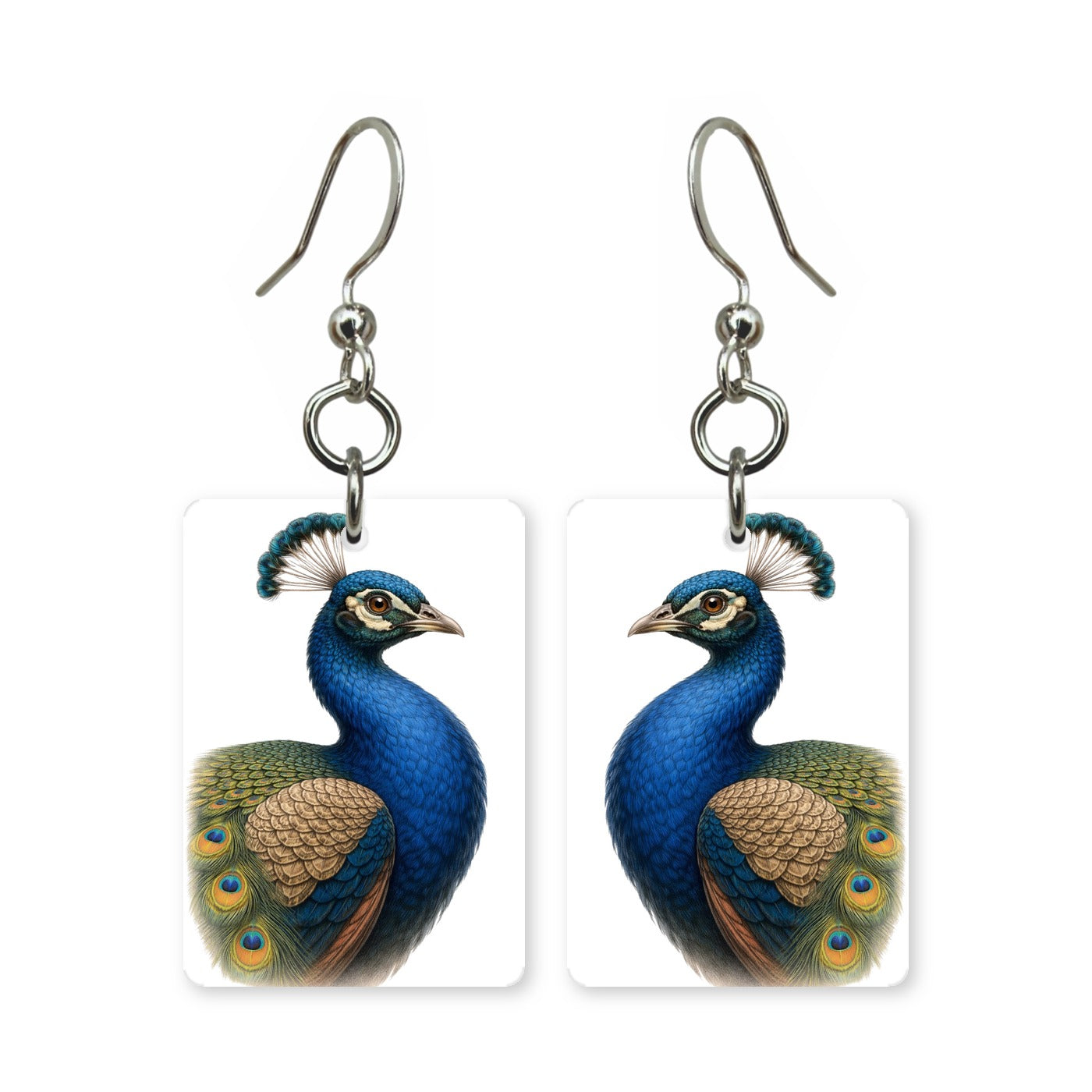 Royal peacock earrings — peacock with tail train fully raised, cut-paper art, made in USA