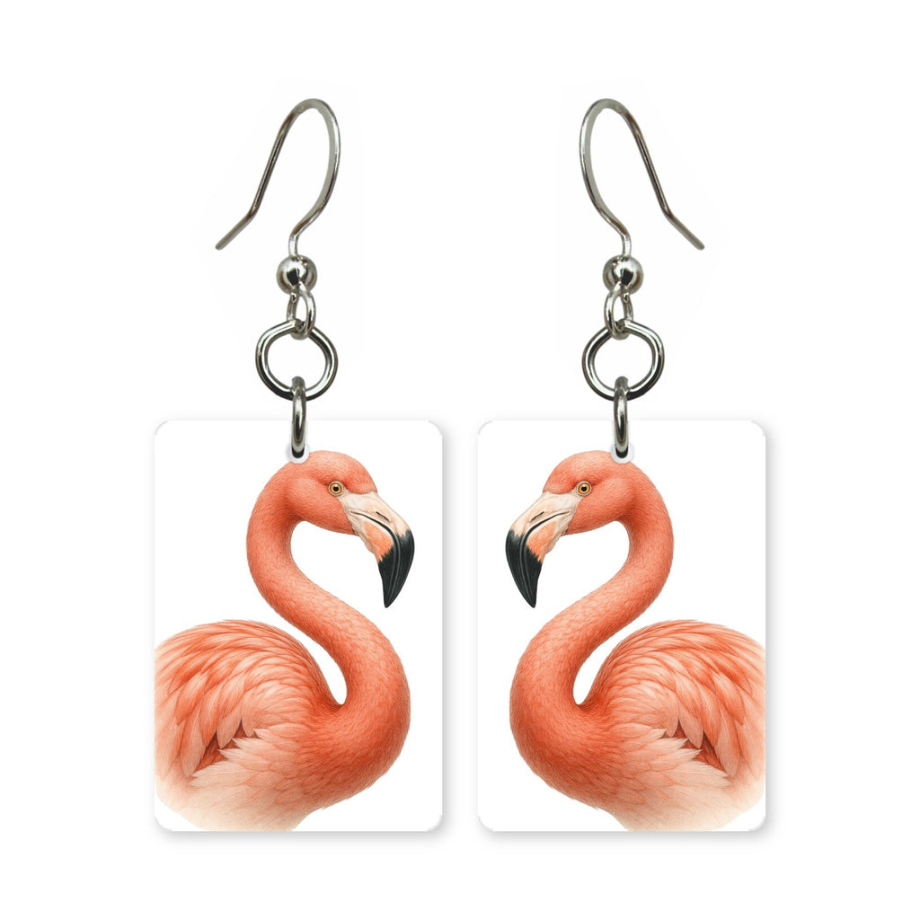 Pink flamingo earrings — flamingo standing on one leg, cut-paper portrait, made in USA