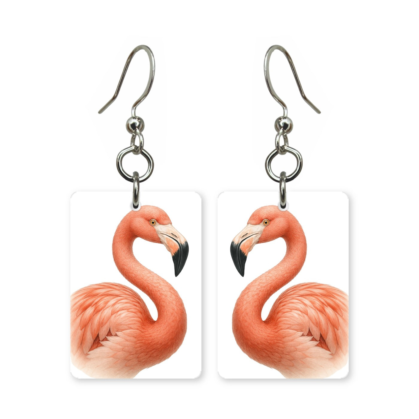 Pink flamingo earrings — flamingo standing on one leg, cut-paper portrait, made in USA