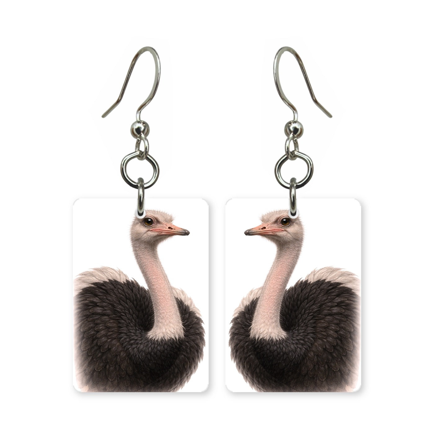 Wild ostrich earrings — long-necked ostrich portrait in cut paper, made in USA