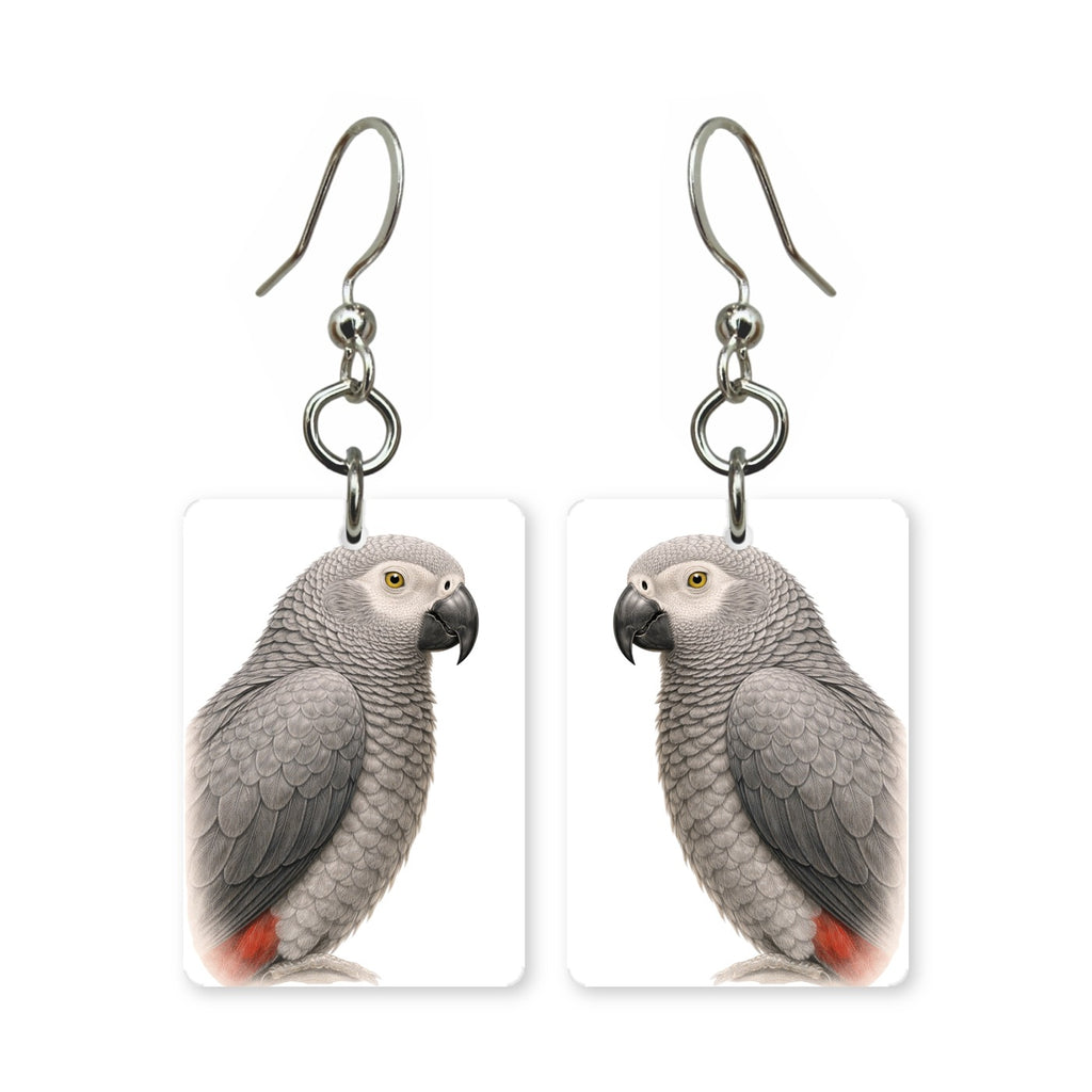Congo grey parrot earrings — African grey parrot with red tail, cut-paper portrait, made in USA