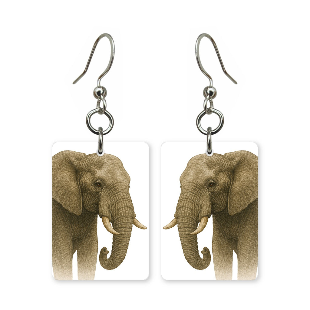 African elephant earrings — elephant with wide ears and tusks, cut-paper portrait, made in USA