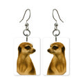 Curious meerkat earrings — meerkat standing on watch, cut-paper portrait, made in USA