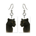 Black panther earrings — near-black panther with green eyes, cut-paper portrait, made in USA