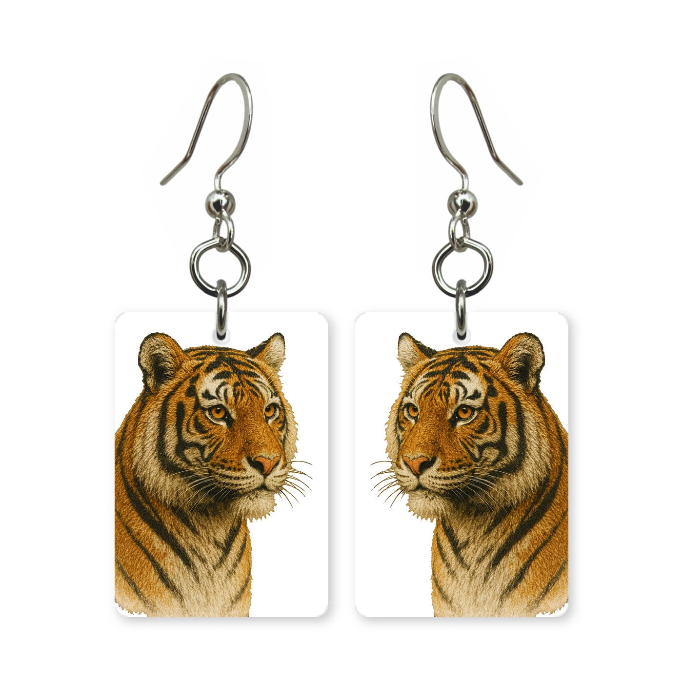 Bengal tiger earrings — tiger portrait head-on in cut-paper art, made in USA