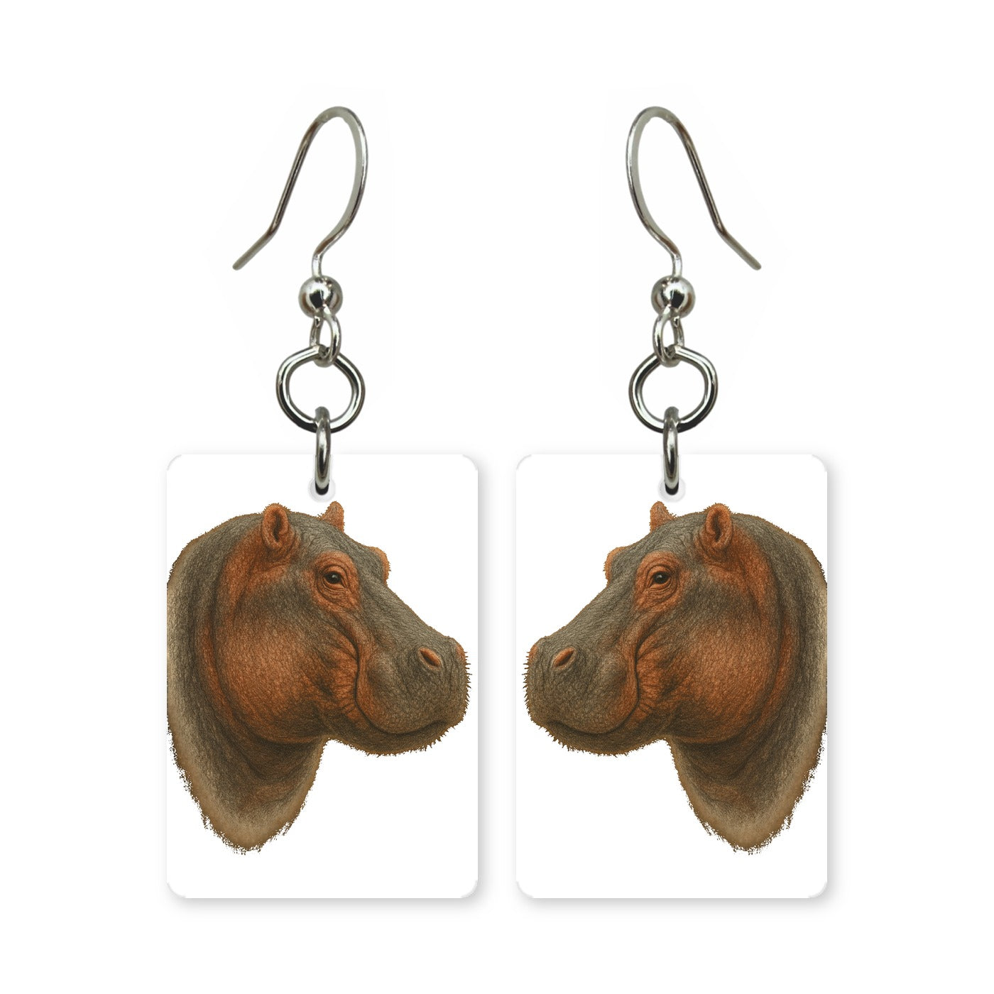 River hippo earrings — half-submerged hippo in cut-paper art, made in USA