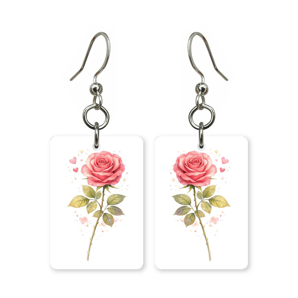 Pink rose earrings — single open pink rose, cut-paper botanical art, made in USA