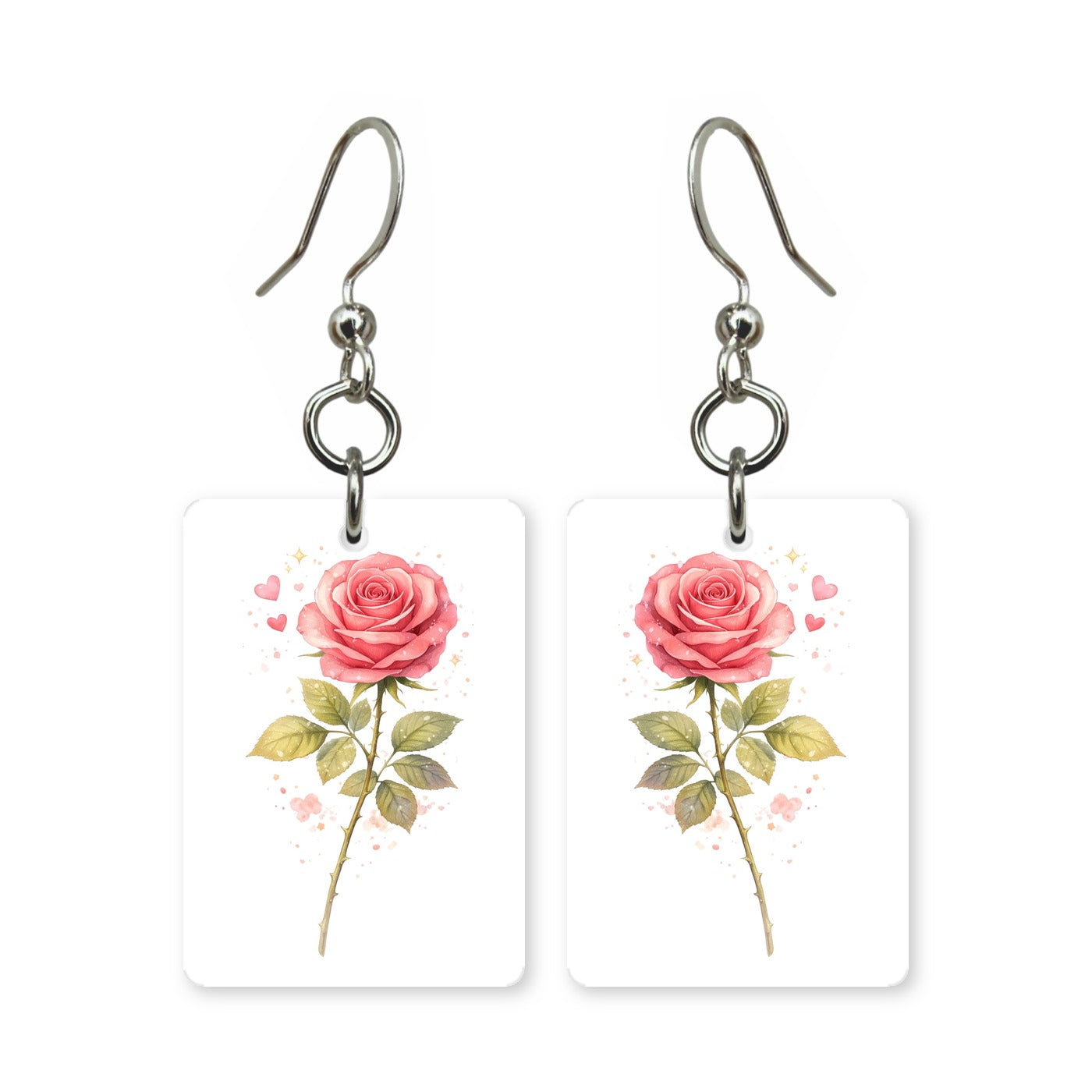 Pink rose earrings — single open pink rose, cut-paper botanical art, made in USA