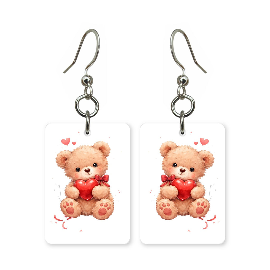 Heart teddy bear earrings — teddy bear holding a heart, cut-paper art, made in USA