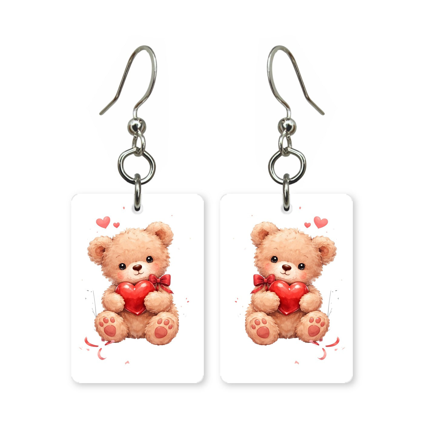 Heart teddy bear earrings — teddy bear holding a heart, cut-paper art, made in USA