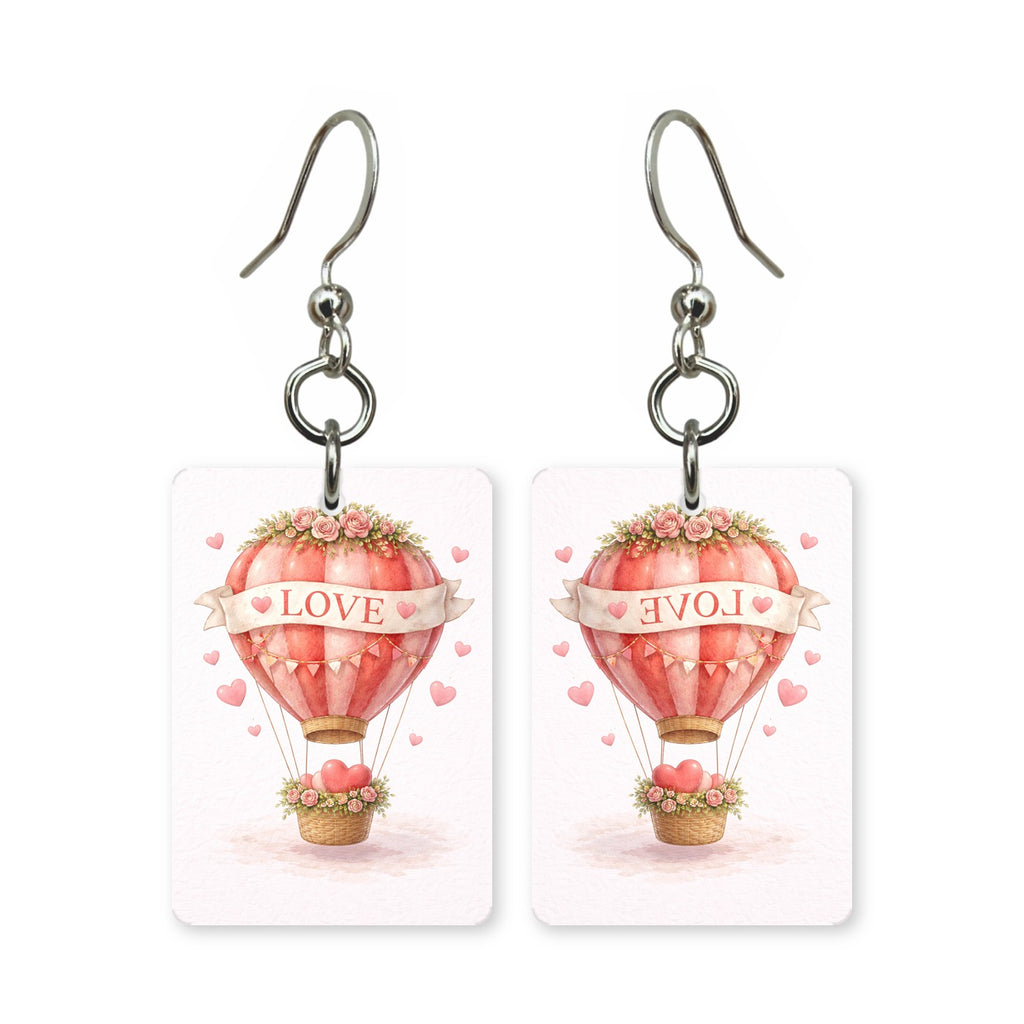 Love hot air balloon earrings — heart-shaped hot air balloon, cut-paper art, made in USA