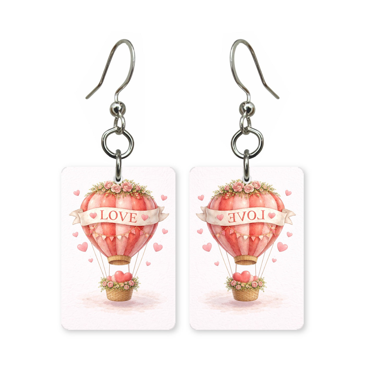 Love hot air balloon earrings — heart-shaped hot air balloon, cut-paper art, made in USA